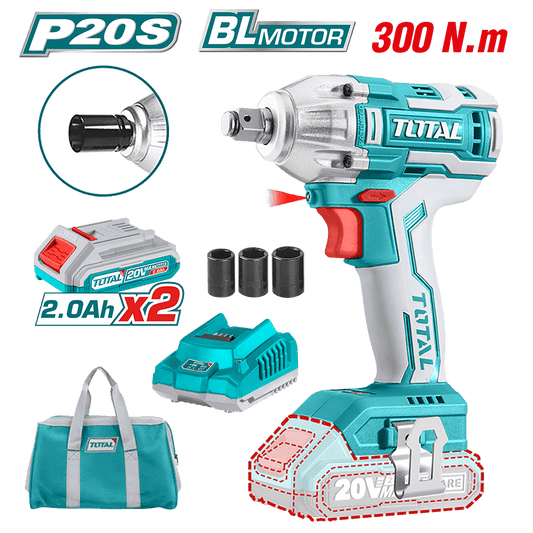 LLAVE IMPACTO BRUSHLESS 20V 300NM 1/2'' 3300BPM 2X2.0AH M/TELA INDUSTRIAL