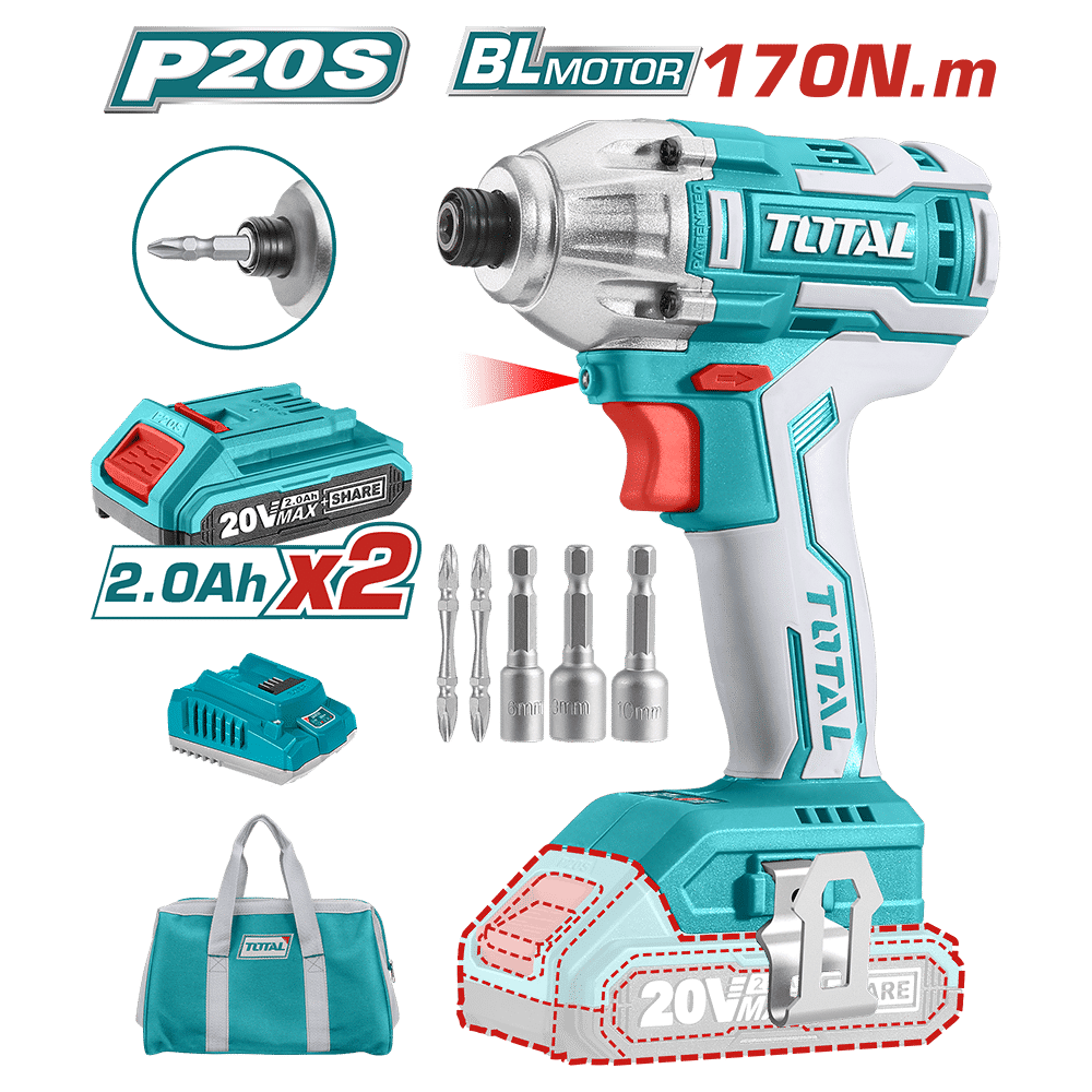 ATORNILLADOR IMPACTO LI-ION 20V HEX:6.35 170NM 2X2.0AH 3300BPM BRUSHLESS M/TELA INDUSTRIAL