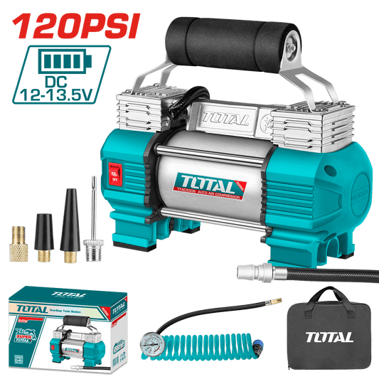 MINICOMPRESORA 12V 18A 120PSI CON LUZ + ACCESORIOS INDUSTRIAL