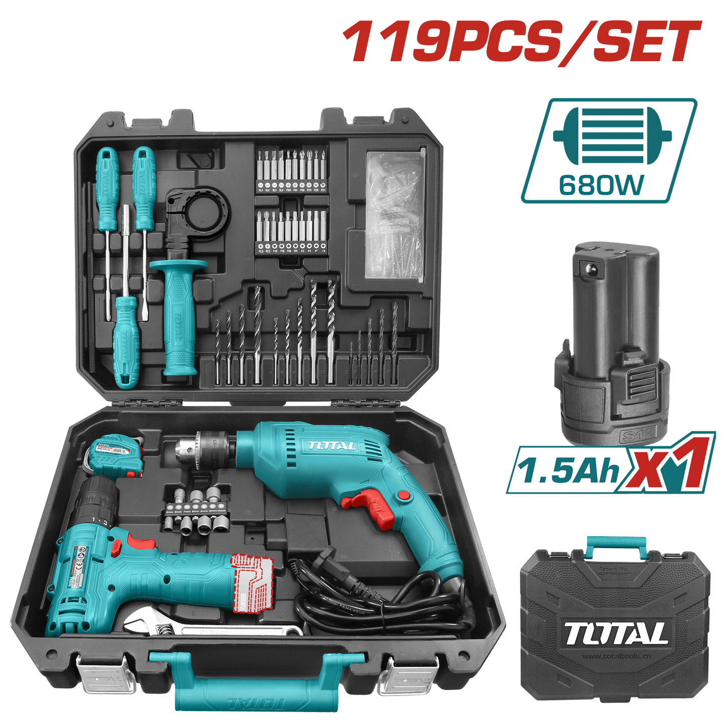 SET DE HERRAMIENTAS 119PCS ATORNILLADOR +TALADRO PERCUTOR 680W 13MM