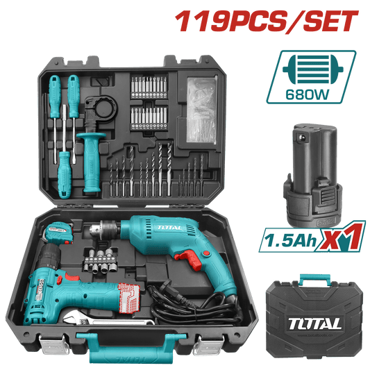 SET DE HERRAMIENTAS 119PCS ATORNILLADOR +TALADRO PERCUTOR 680W 13MM
