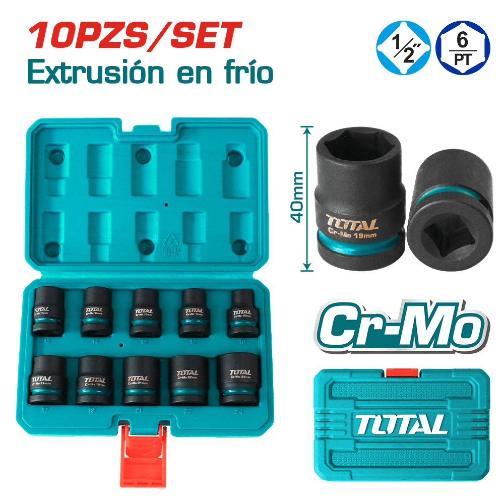 SET DADOS IMPACTO 1/2 PULG 10PCS 10-24MM CR-MO MALETIN INDUSTRIAL