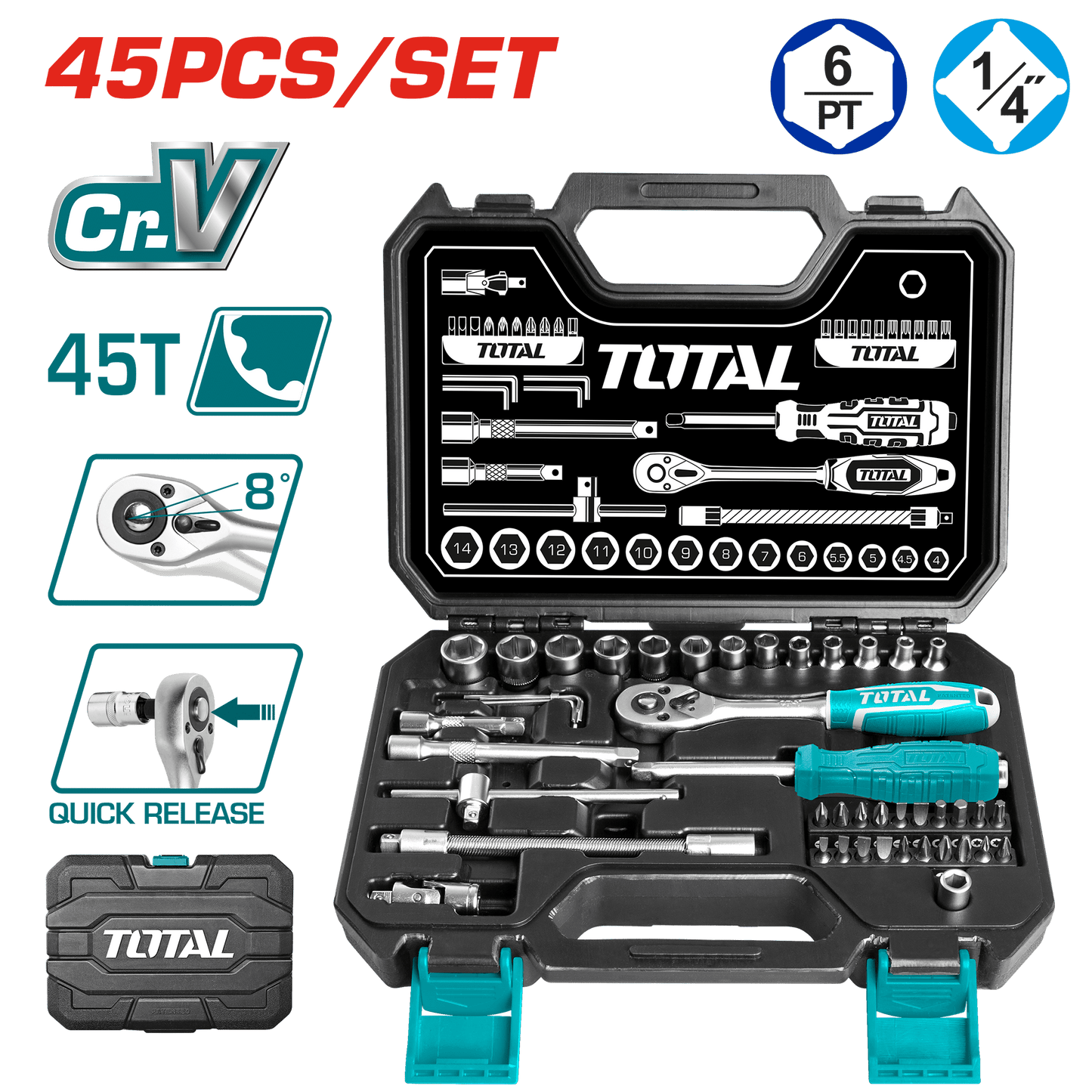 SET DE HERRAMIENTAS RACHET 1/4 C/MALETIN 45PCS