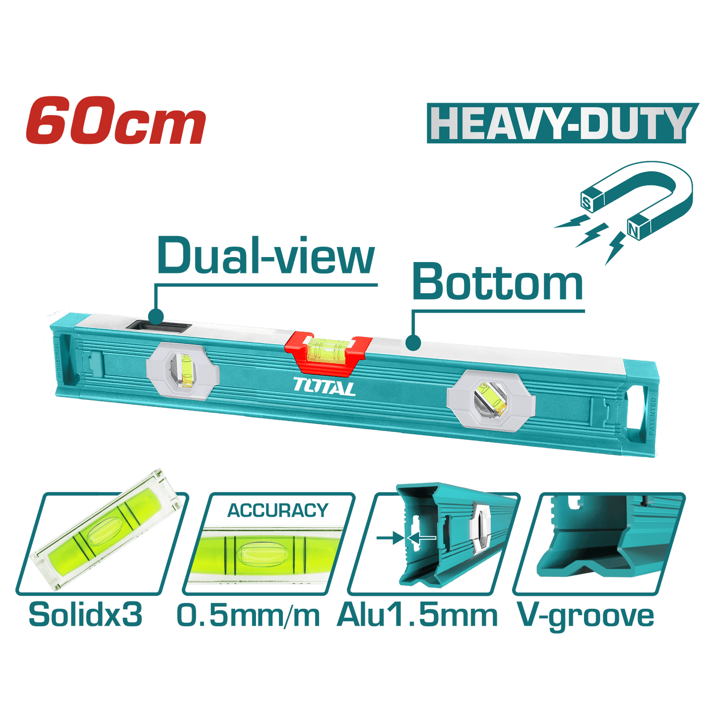 NIVEL BURBUJA HEAVY DUTY MAGNETICO 60CM B:3 0.5MM INDUSTRIAL