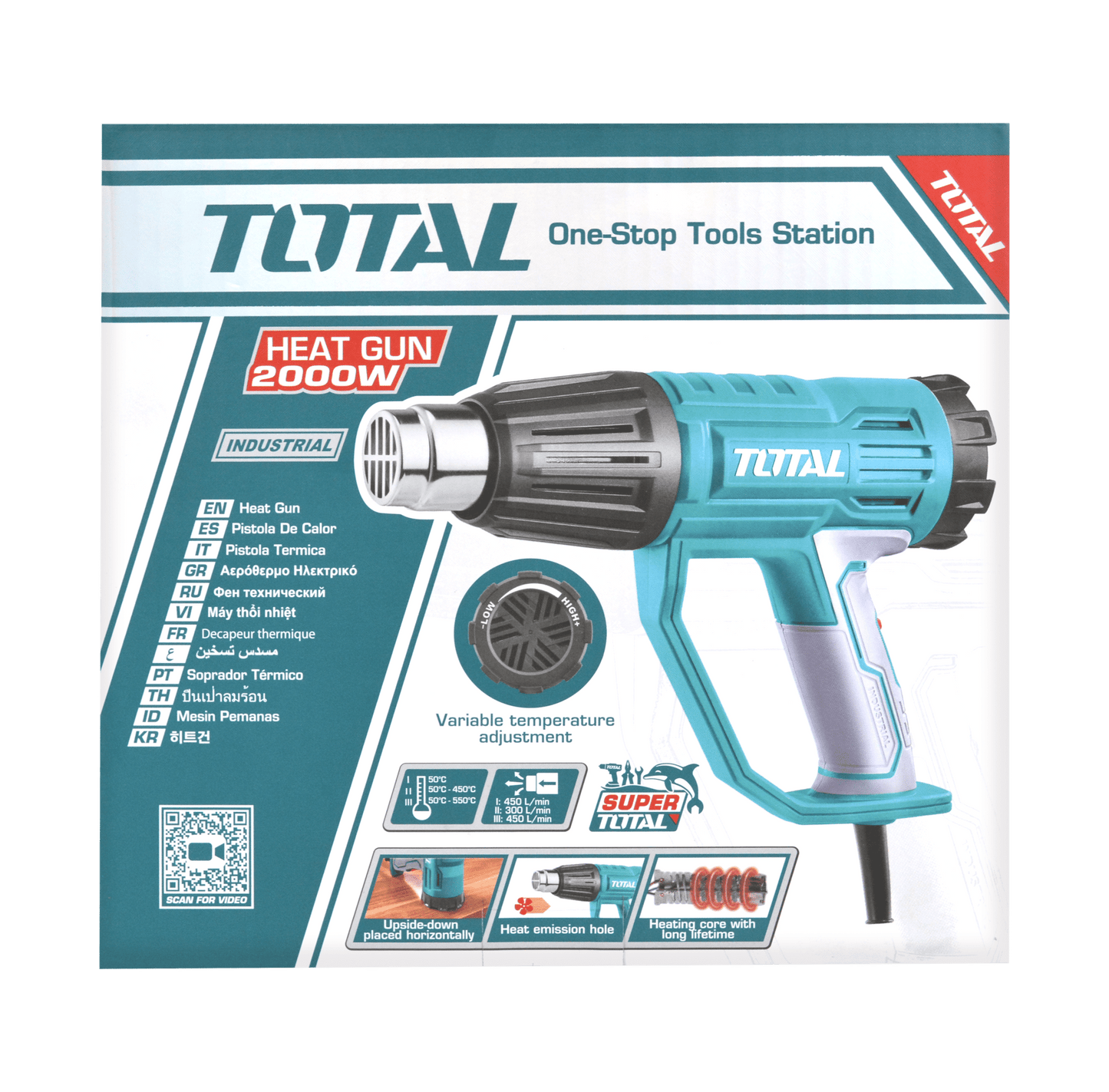 PISTOLA DE CALOR 2000W 450L/MIN 50-550C RANGO AJUSTABLE INDUSTRIAL