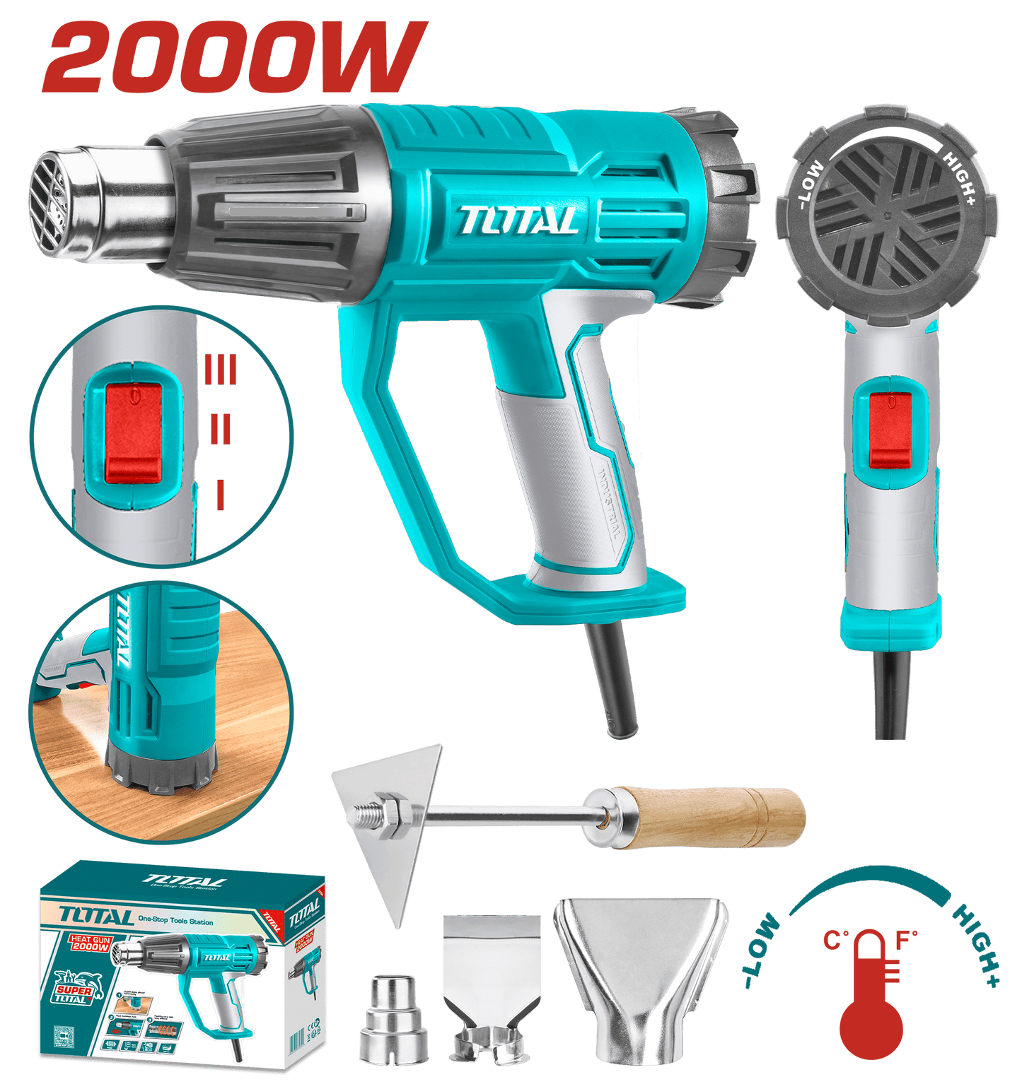 PISTOLA DE CALOR 2000W 450L/MIN 50-550C RANGO AJUSTABLE INDUSTRIAL