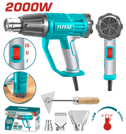PISTOLA DE CALOR 2000W 450L/MIN 50-550C RANGO AJUSTABLE INDUSTRIAL