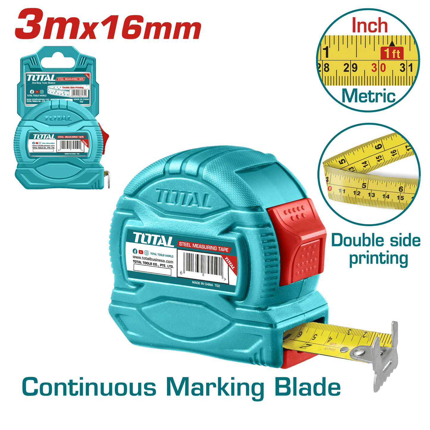 CINTA METRICA DE ACERO/ABS 1 BOT DOBLE LADO 3MX16MM