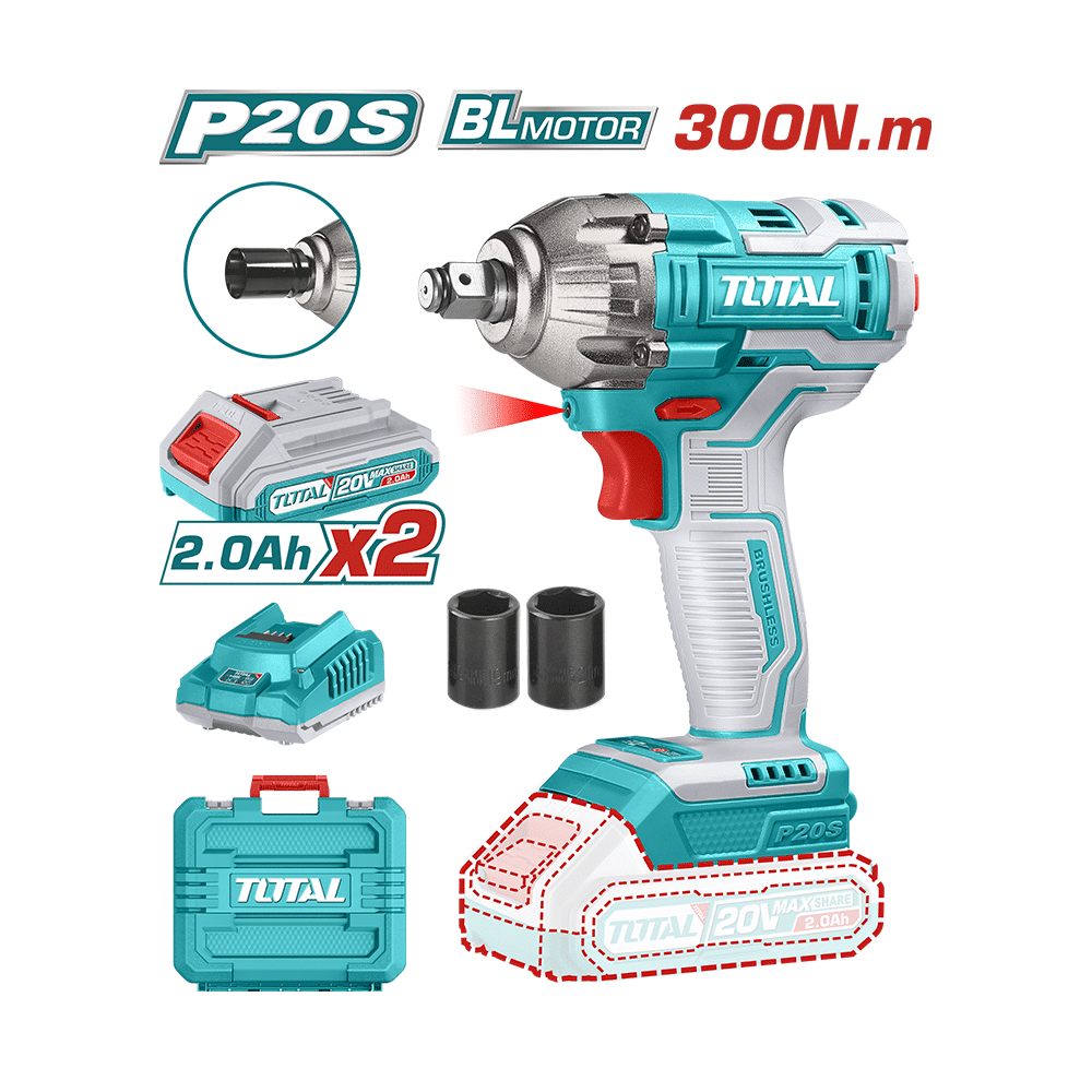 LLAVE IMPACTO BRUSHLESS 20V 300NM 1/2'' 3300BPM 2X2.0AH M/PLASTICO INDUSTRIAL