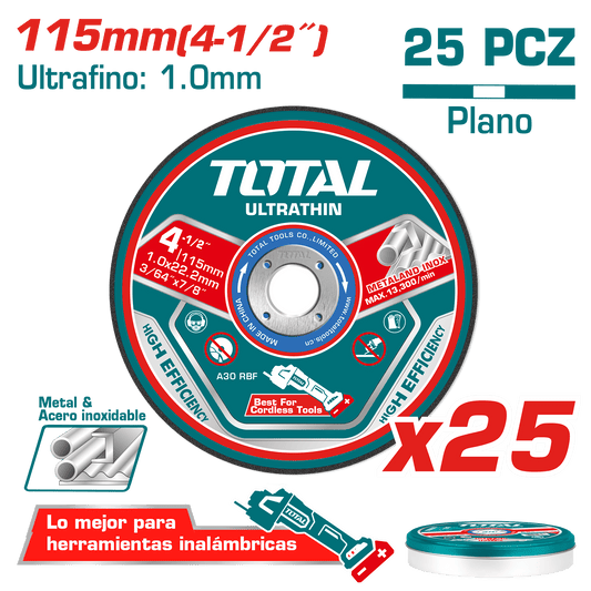 SET DISCOS ABRASIVO/CORTE P/METAL 115X1.0X22.2MM 25PZS ULTRA DELGADO