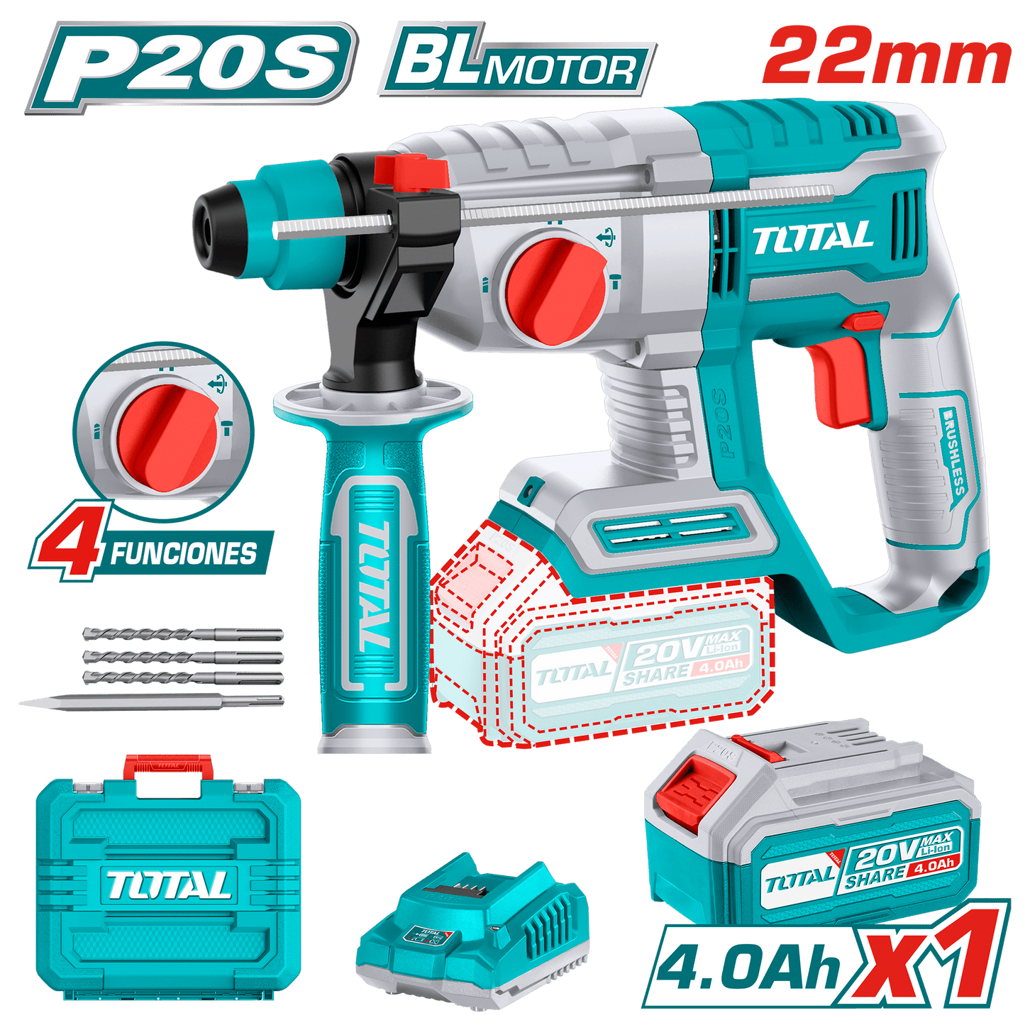 ROTOMARTILLO SDS+ 22MM 20V 2.0J 0-5400BPM BRUSHLESS 1X4.0AH 4FUNC INDUSTRIAL