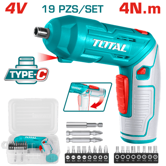 DESTORNILLADOR AJUSTABLE TIPO-C 4V HEX 1/4'' 240RPM 4N.M +ACC(19PCS) ESTUCHE