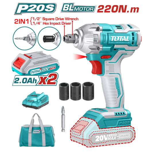 LLAVE/DESTORNILLADOR DE IMPACTO BRUSHLESS 20V 1/2'' 220NM 2X2.0AH MALETIN LONA