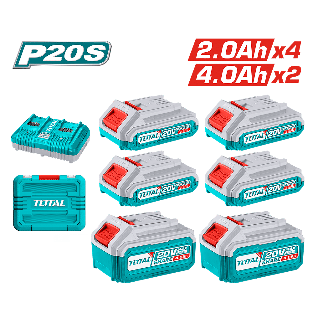 SET DE BATERIAS LI-ION 20V 4X2.0AH + 2X4.0AH + CARGADOR DUAL INDUSTRIAL