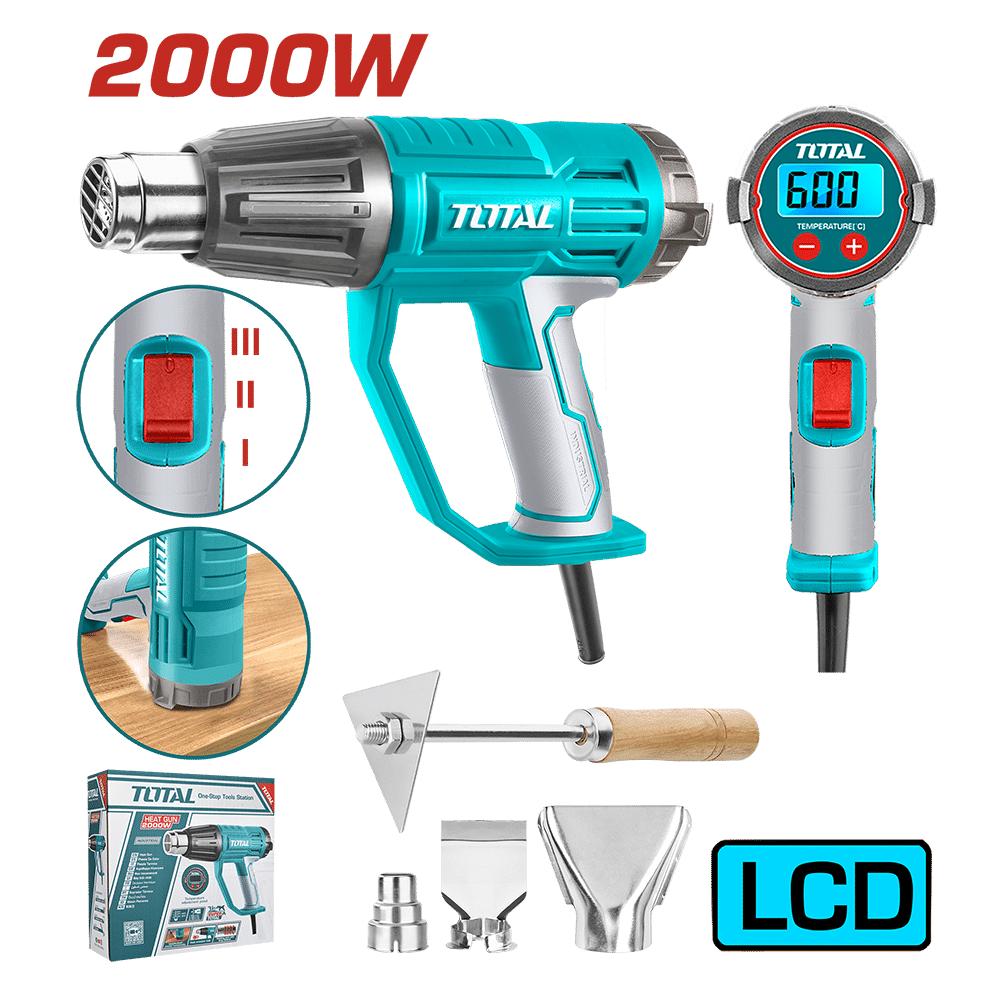 PISTOLA DE CALOR 2000W 450L/MIN 50-600C RANGO AJUSTABLE LCD +ACCESORIOS INDUSTRIAL