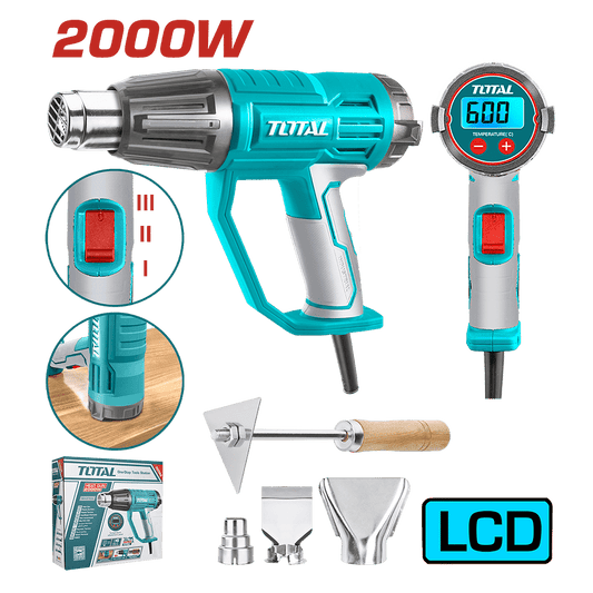 PISTOLA DE CALOR 2000W 450L/MIN 50-600C RANGO AJUSTABLE LCD +ACCESORIOS INDUSTRIAL