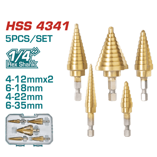 SET BROCAS ESCALONADAS 1/4'' HEX HSS 4341 4-35MM 5PZS/SET INDUSTRIAL