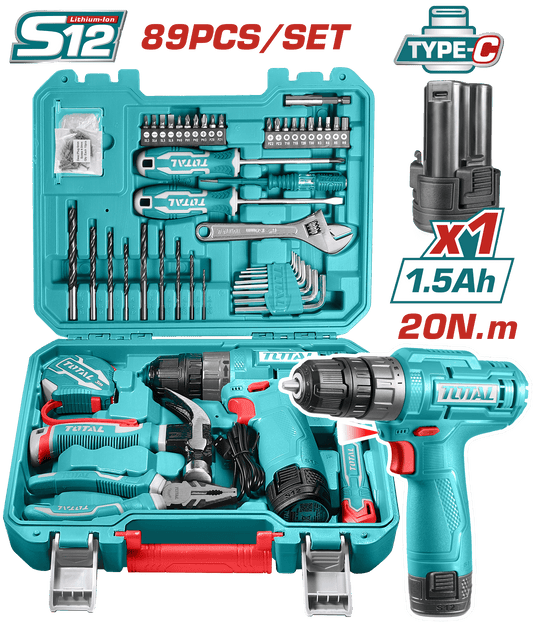 COMBO TALADRO 12V TIPO-C 20NM 1X1.5AH + HERRAMIENTAS MALETIN (89PCS)