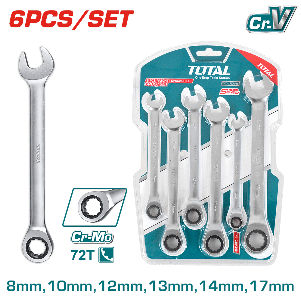 SET LLAVES RACHET 06PCS CR.V+CR-MO 72T 8-17MM BLISTER INDUSTRIAL