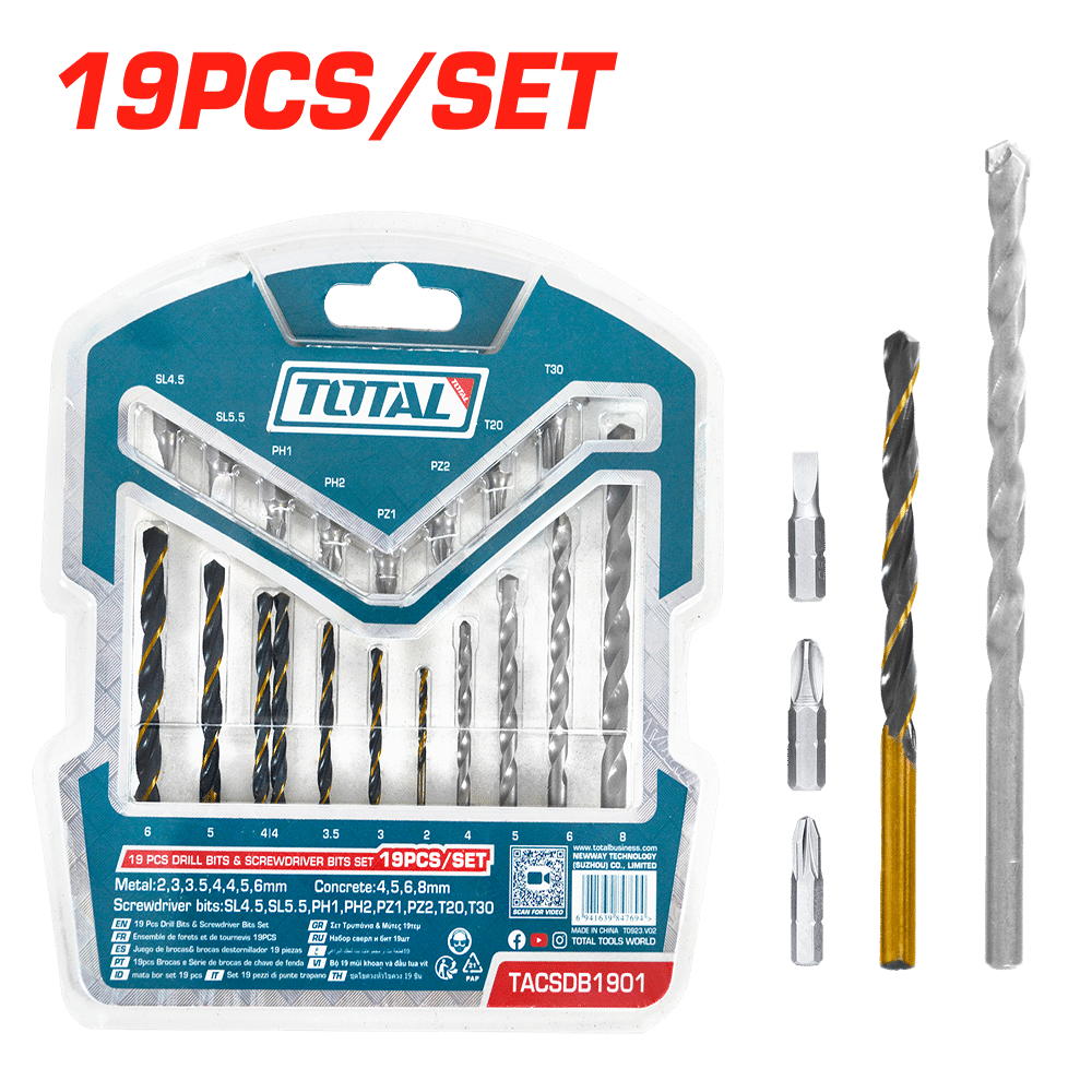 SET DE BROCAS 19PZS (7PZS HSS + 4PZS CONCRETO + 8PZS PUNTA DESTORNILLAR)