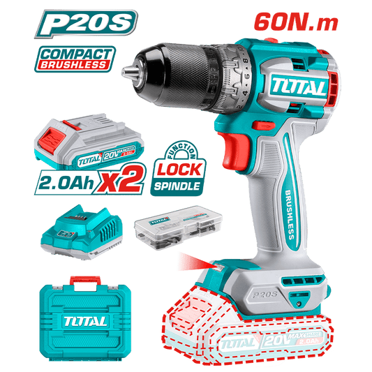 TALADRO 20V 60NM 13MM 22+1 2X2.0AH COMPACTO BRUSHLESS +ACC Y MALETIN INDUSTRIAL
