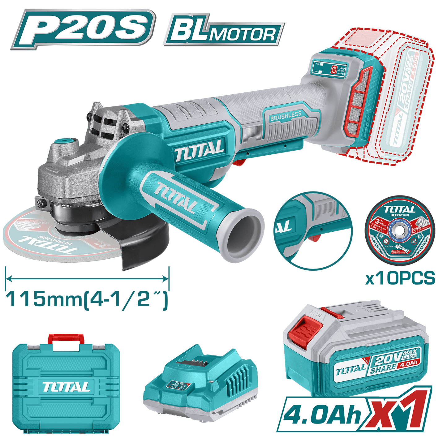AMOLADORA 20V BRUSHLESS 3000-8000PRM 115MM M14 1000W INDUSTRIAL