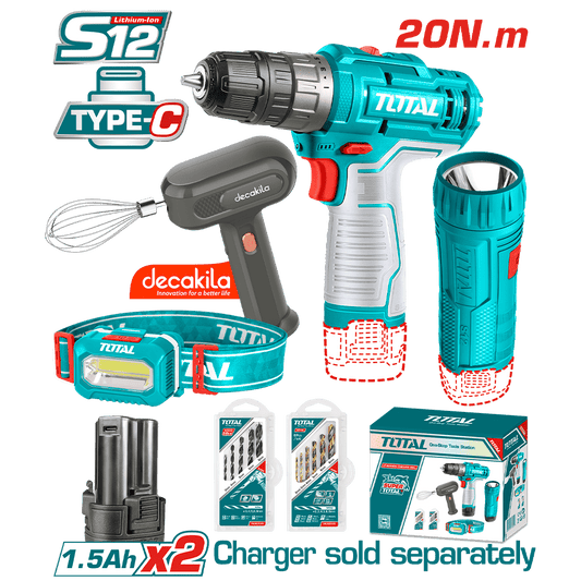 SET TALADRO + BATIDORA + LINTERNA + LAMPARA LI-ION 12V 0.8-10MM 0-1500RPM 20NM