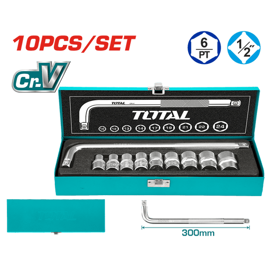 SET DADOS + BARRA 1/2 CR-V 10PCS 10-24MM MALETIN METAL INDUSTRIAL