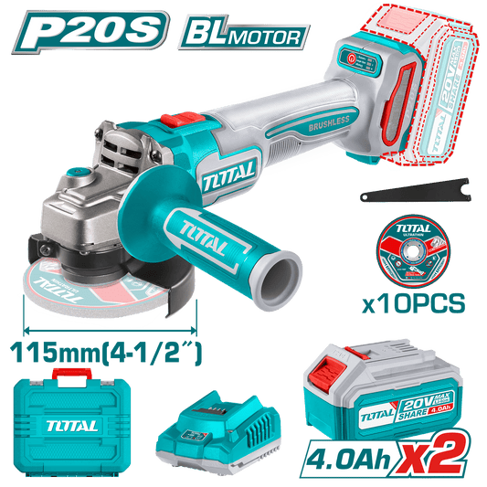 AMOLADORA 20V BRUSHLESS 3000-9000RPM 115MM M14 900W 2X4.0AH + MALETIN