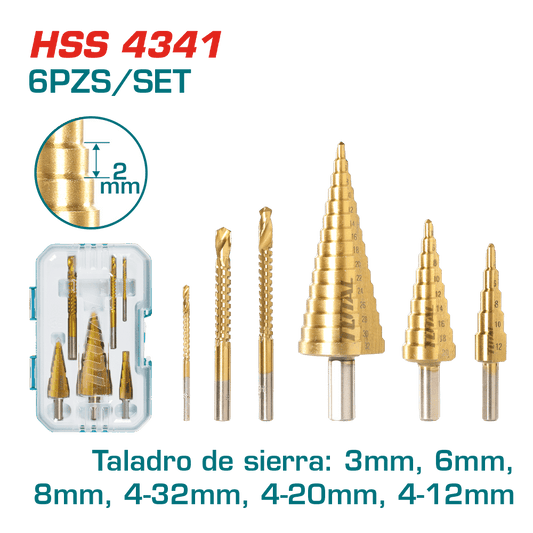 SET DE BROCAS ESCALONADAS HSS 4341 4-35MM 3PZS ESCALONADAS + 3 PCS SERRUCHADORAS INDUSTRIAL
