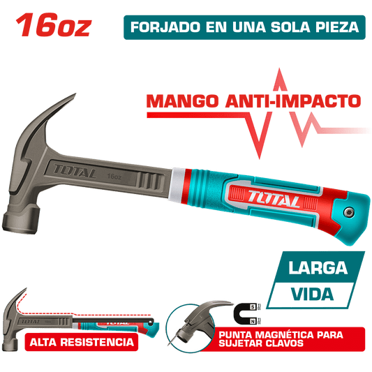 MARTILLO DE UÑA MANGO FIBRA DE VIDRIO 16OZ/450G ACERO CARBON MAGNETICO INDUSTRIAL