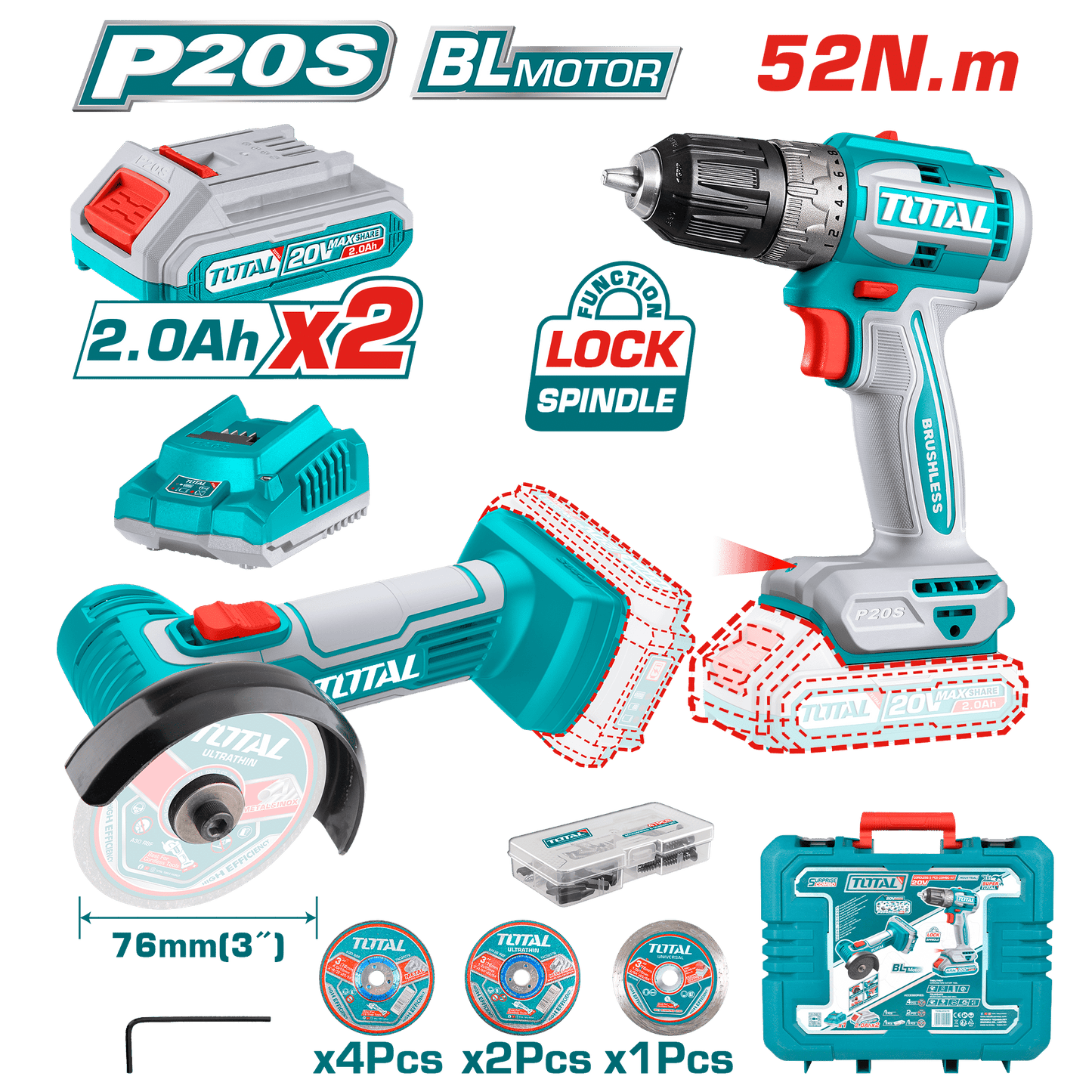 TALADRO + AMOLADORA RECTA LI-ION 20V 2X2.0AH BRUSHLESS