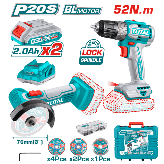 TALADRO + AMOLADORA RECTA LI-ION 20V 2X2.0AH BRUSHLESS