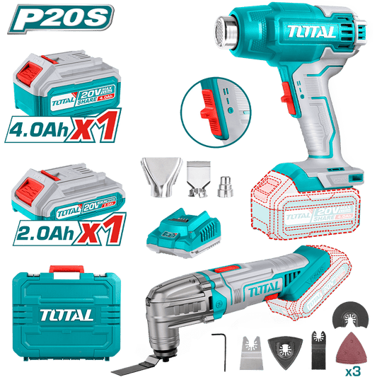 PISTOLA DE CALOR + HERR. MULTIFUNCIONAL 20V 2.0AH 4.0AH