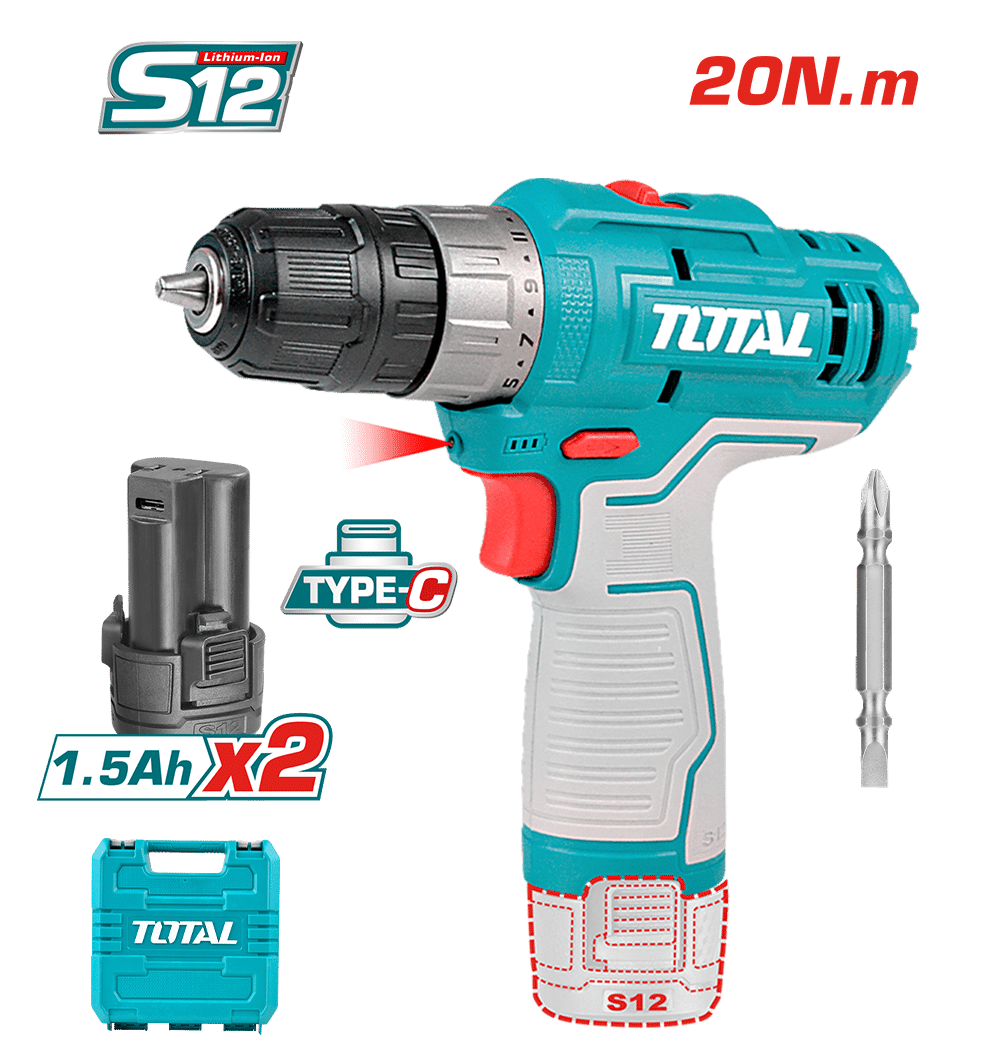 TALADRO 12V S12 20NM 0.8-10MM 0-400/0-1500RPM 2X1.5AH TIPO C MALETIN
