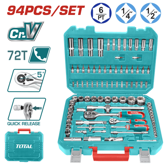 SET HERRAMIENTAS RACHET 94PCS CR.V 72T 1/4 + 1/2 SOCKETS MALETIN INDUSTRIAL