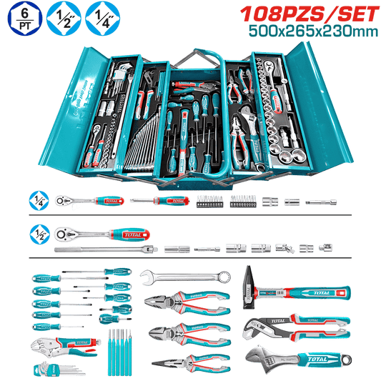 SET HERRAMIENTAS MANUALES 108PCS ESTUCHE METALICO 500X265X230 DESPLEGABLE INDUSTRIAL