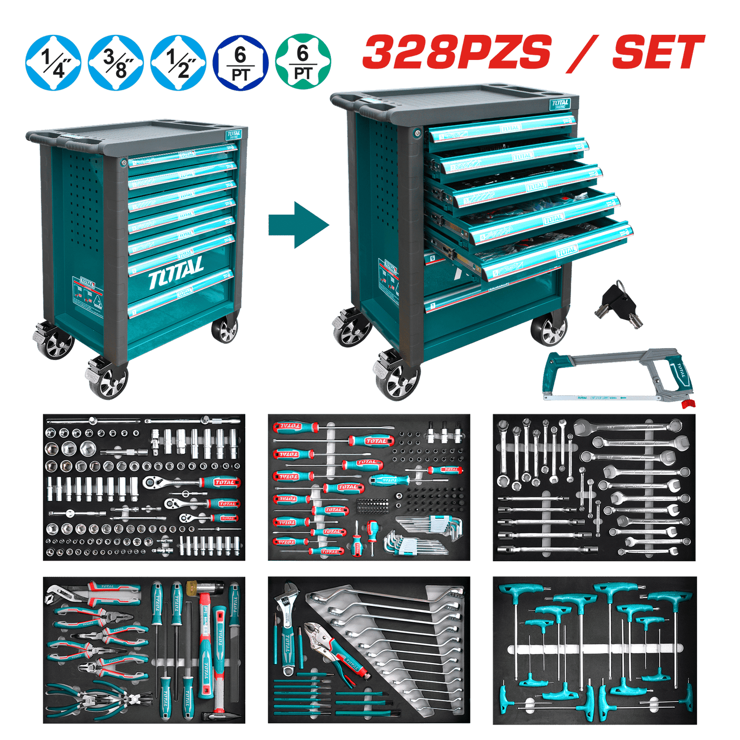 SET GABINETE 7 CAJONES + HERRAMIENTAS 328 PZS 765X465X976MM INDUSTRIAL