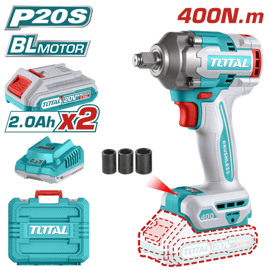 LLAVE IMPACTO BRUSHLESS 20V 400NM 1/2'' 2900BPM 2X2.0AH MALETIN INDUSTRIAL
