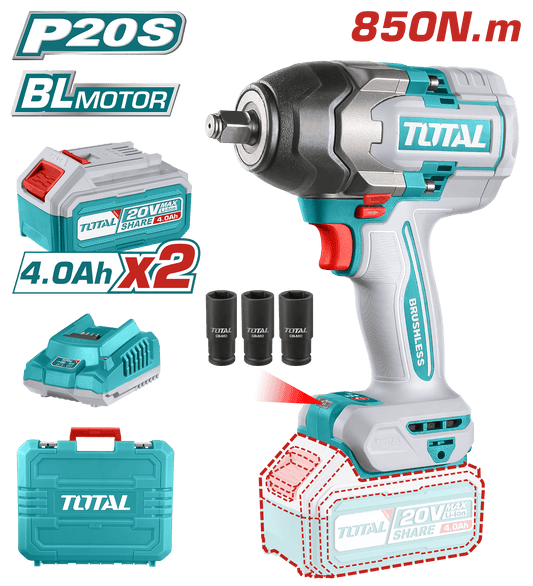 LLAVE IMPACTO BRUSHLESS 20V 850NM 1/2'' 2200BPM BRUSHLESS 2X4.0AH MALETIN INDUSTRIAL
