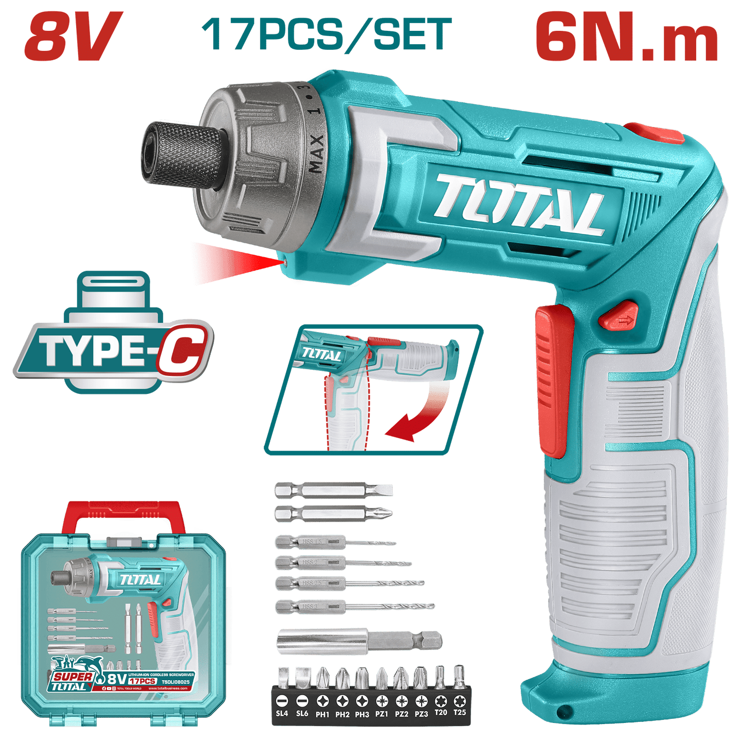 DESTORNILLADOR AJUSTABLE TIPO-C 8V HEX 1/4'' 220RPM 6N.M +ACC(17PCS) ESTUCHE