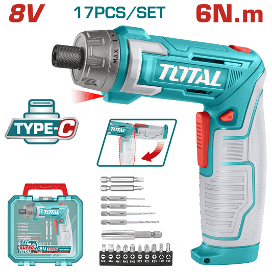 DESTORNILLADOR AJUSTABLE TIPO-C 8V HEX 1/4'' 220RPM 6N.M +ACC(17PCS) ESTUCHE