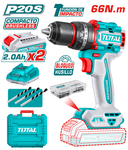 TALADRO PERCUTOR COMPACTO LI-ION 20V 66NM 13MM 2X2.0AH BRUSHLESS MALETIN INDUSTRIAL