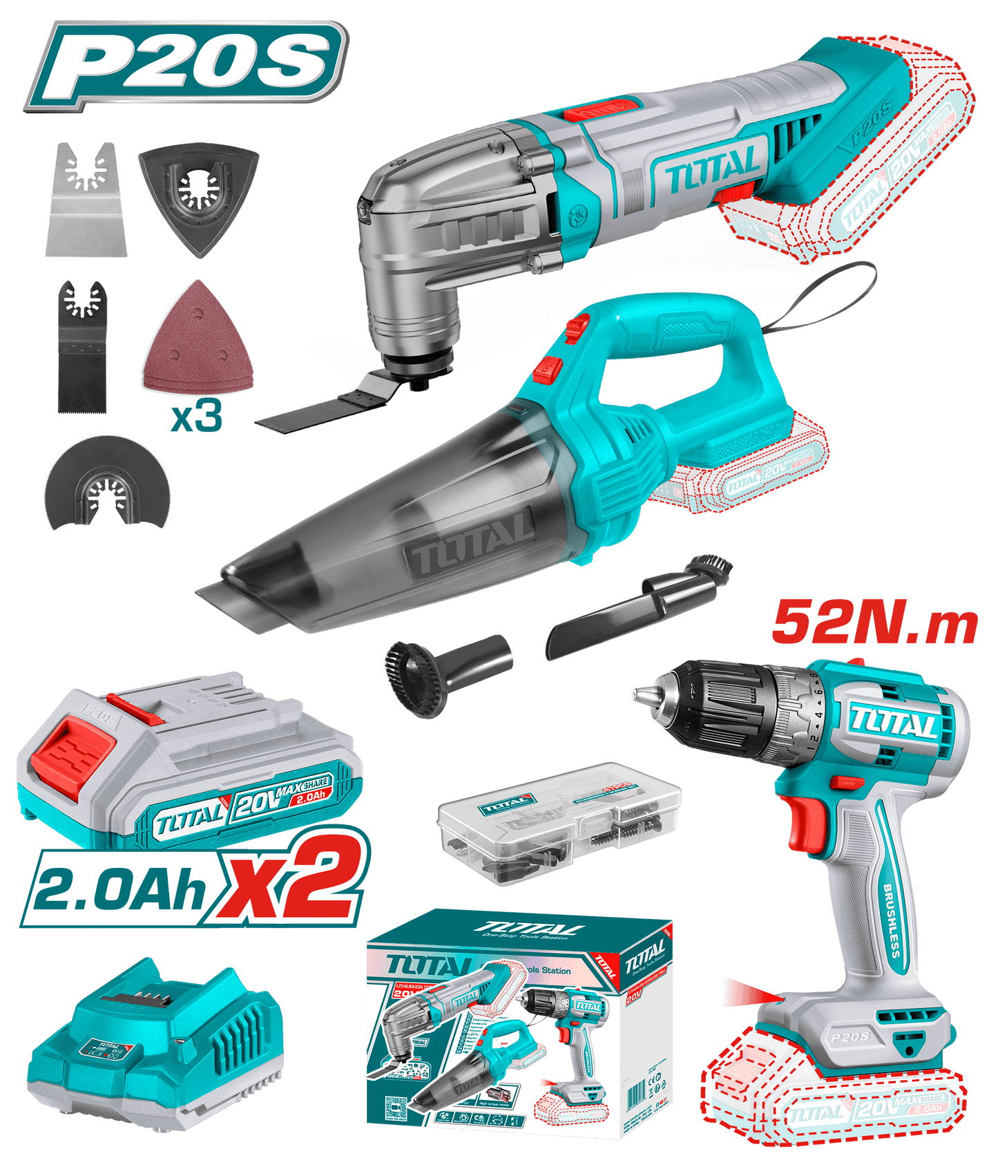 COMBO TALADRO+ASPIRADORA+MULTITOOL 2X2.AH