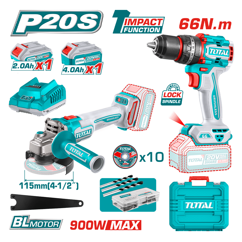 COMBO TALADRO 66NM + AMOLADORA 115M + ACCESORIOS  1X2.0AH + 1X4.0AH MALETIN INDUSTRIAL