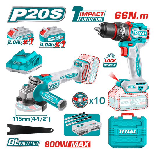 COMBO TALADRO 66NM + AMOLADORA 115M + ACCESORIOS  1X2.0AH + 1X4.0AH MALETIN INDUSTRIAL