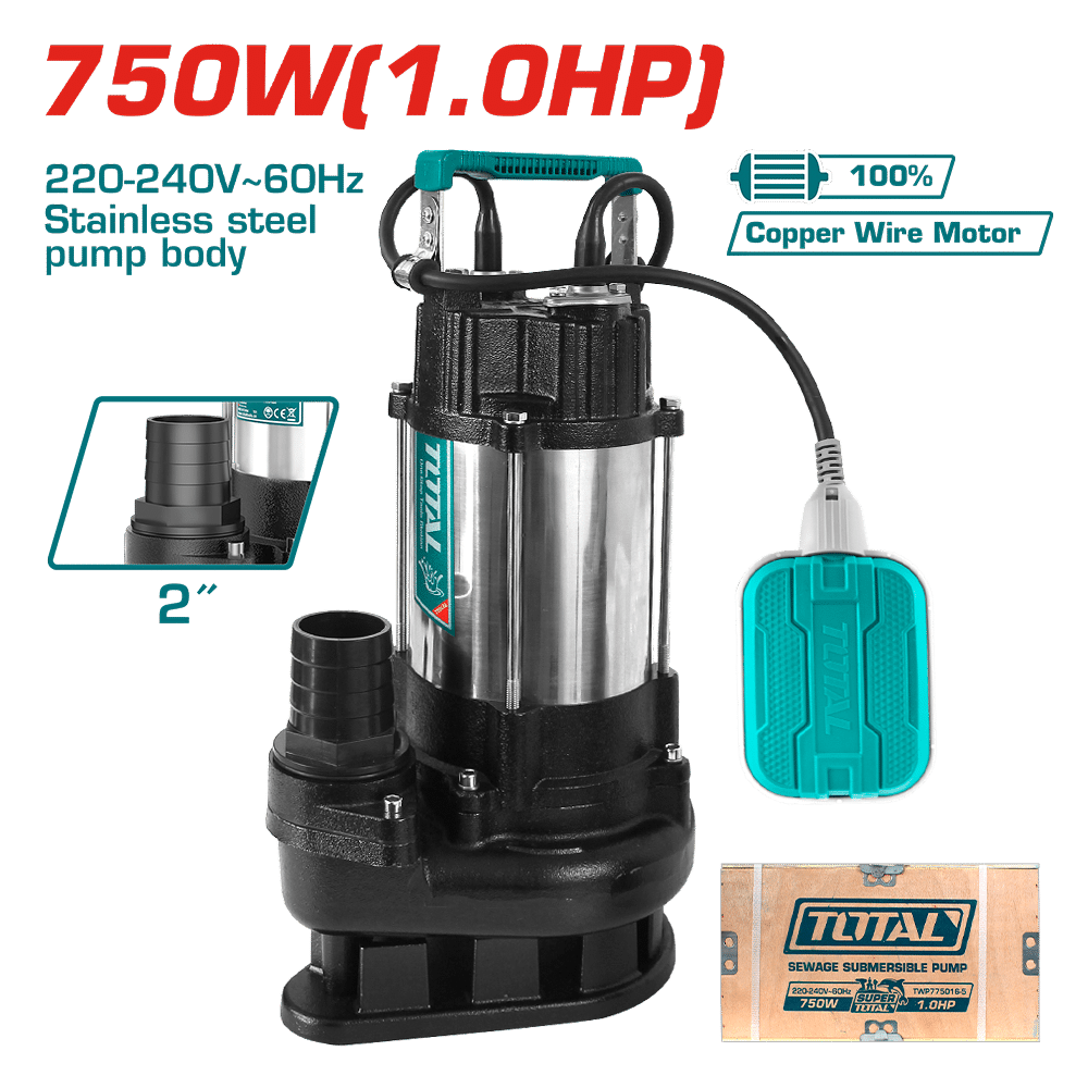 BOMBA SUMERGIBLE A/RECIDUAL AC INOX 750W(1.0HP) H:13M C:350L/MIN S:2PULG
