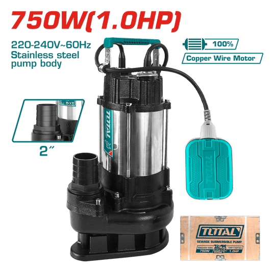 BOMBA SUMERGIBLE A/RECIDUAL AC INOX 750W(1.0HP) H:13M C:350L/MIN S:2PULG