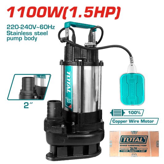 BOMBA SUMERGIBLE A/RECIDUAL AC INOX 1100W(1.5HP) H:15M C:366L/MIN S:2PULG