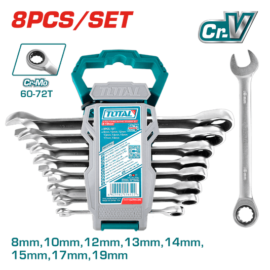 SET LLAVES RACHET 8PCS CR.V+CR-MO 60-72T 8-19MM COLGADOR PLASTICO INDUSTRIAL
